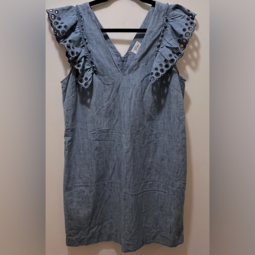 J. Crew Chambray Eyelet Ruffle Sleeve V-Neck sleeveless Sheath Dress Blue 12 - Picture 7 of 10